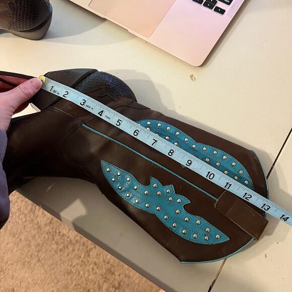 BCBG Y2K Brown Genuine Leather Studded Western Turquoise Boots Size 8.5 - Picture 11 of 16